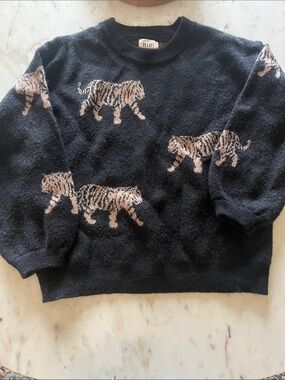 BiBi Black Crewneck Sweater with Beige Tiger Motifs